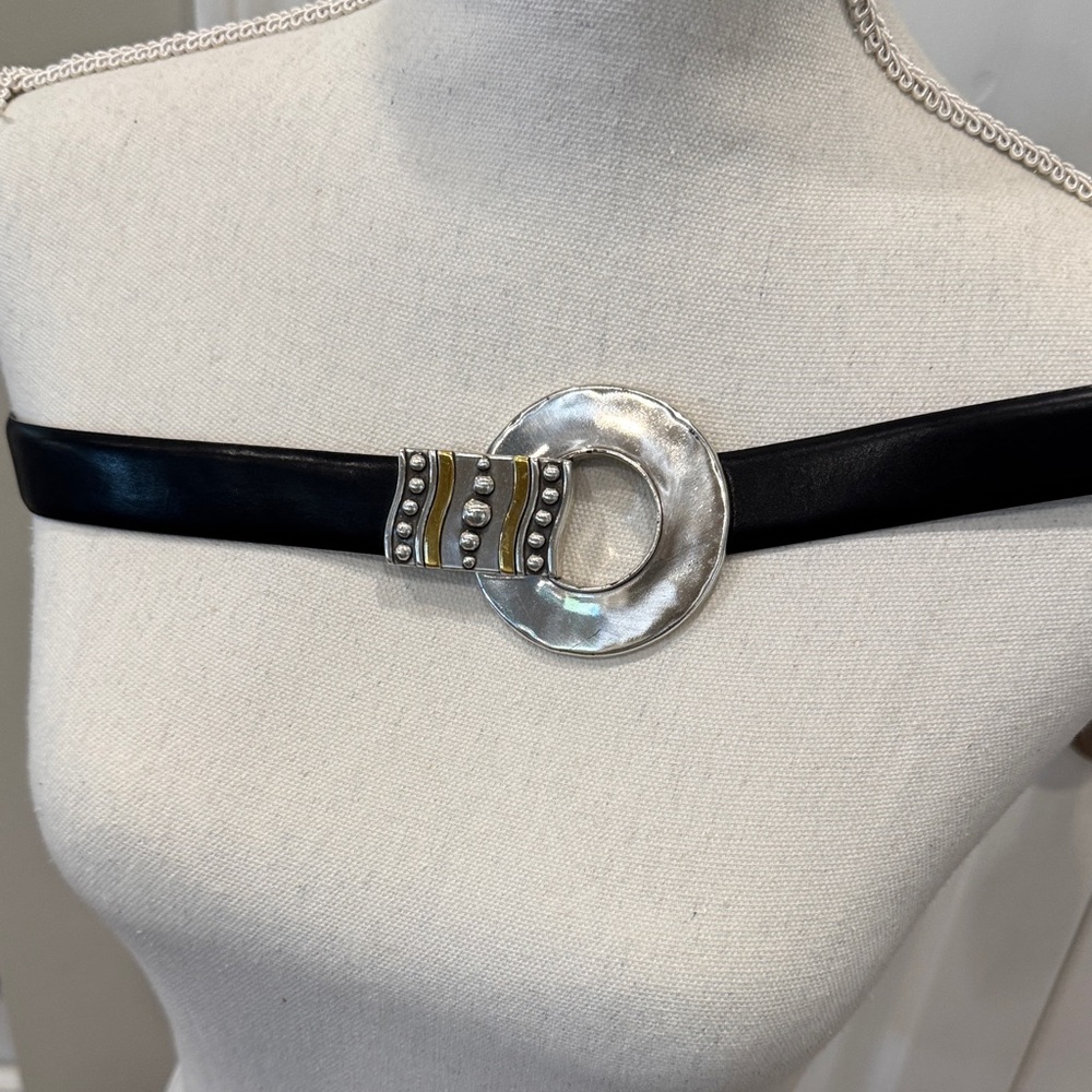Elegant Black Leather Belt with Silver Buckle